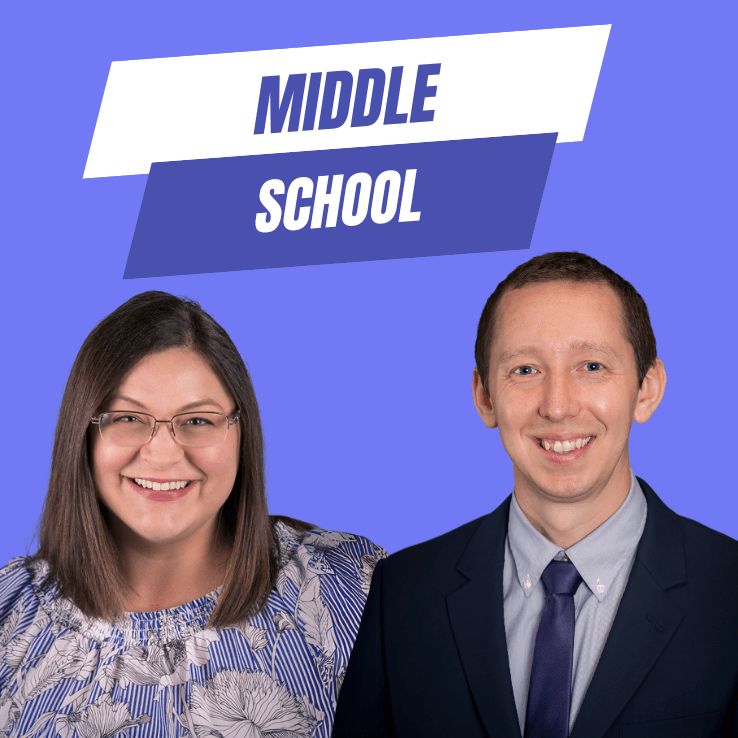 PALCS Middle School Principal and Assistant Principal posed in front of a blue background promoting their podcast episode.