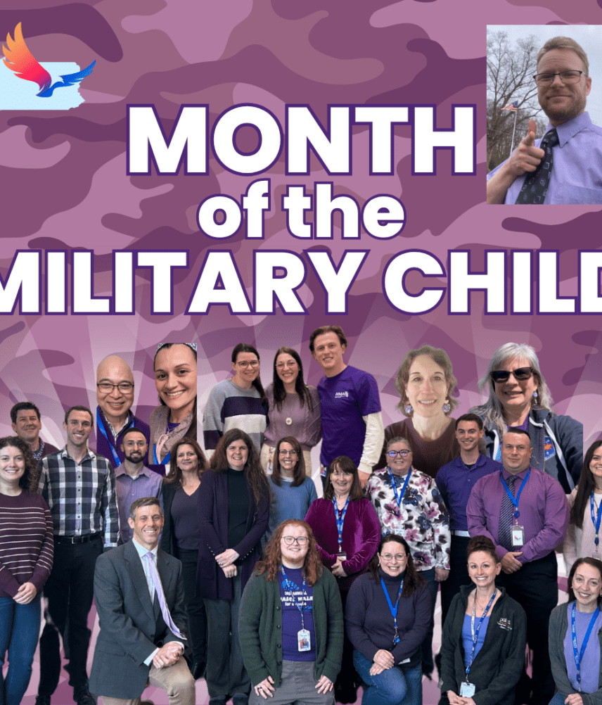 Collage of PALCS students and staff wearing purple to show support for military connected families during Month of the Military Child celebrations at an online school.