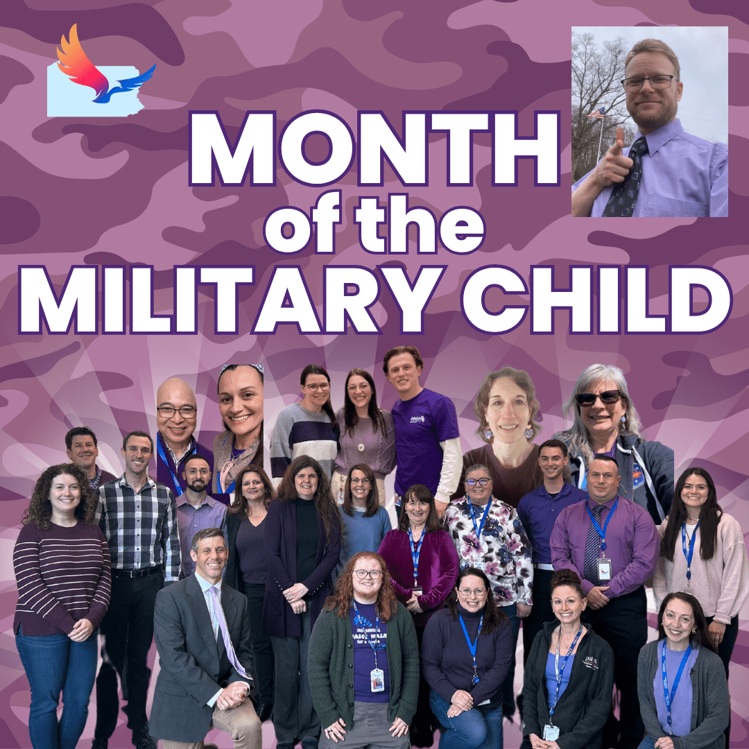 Collage of PALCS students and staff wearing purple to show support for military connected families during Month of the Military Child celebrations at an online school.