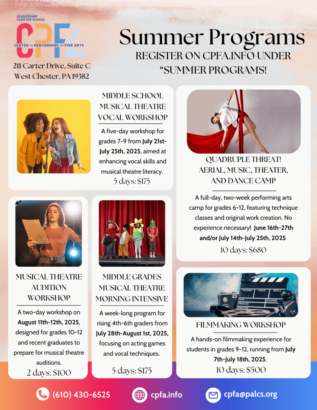 Flyer promoting Summer 2025 programs at PALCS Center for Performing and Fine Arts, featuring offerings in music, dance, theatre, and visual arts.