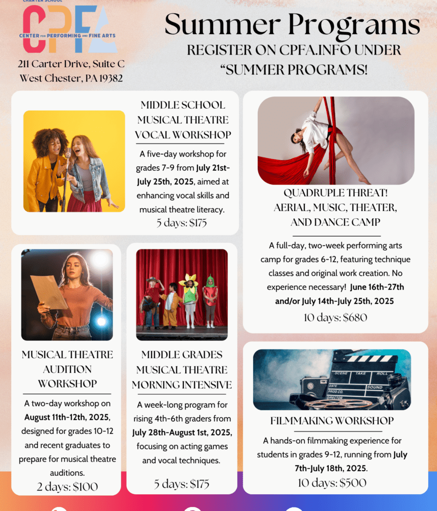 Flyer promoting Summer 2025 programs at PALCS Center for Performing and Fine Arts, featuring offerings in music, dance, theatre, and visual arts.