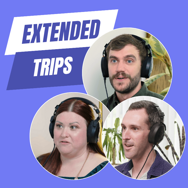 Three PALCS online high school teachers in front of a blue background with the words "Extended Trips" beside them, promoting international travel opportunities through PALCS online school.