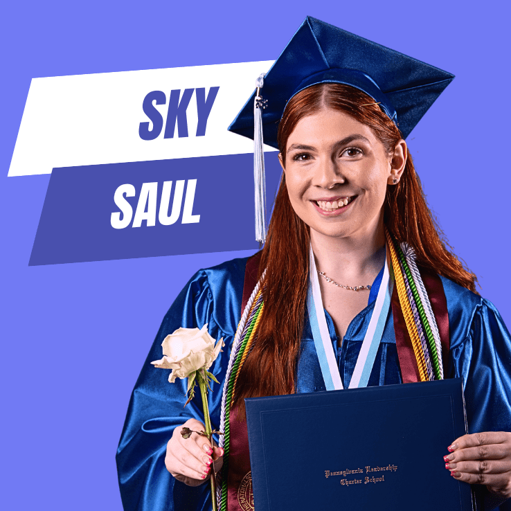 PALCS graduate Sky Saul stands smiling in front of a blue background with her name next to her, representing her experience at an online performing arts high school.