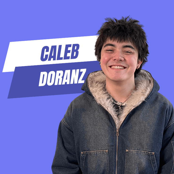 Caleb, a smiling online high school student, poses in front of a blue background with his name beside him.