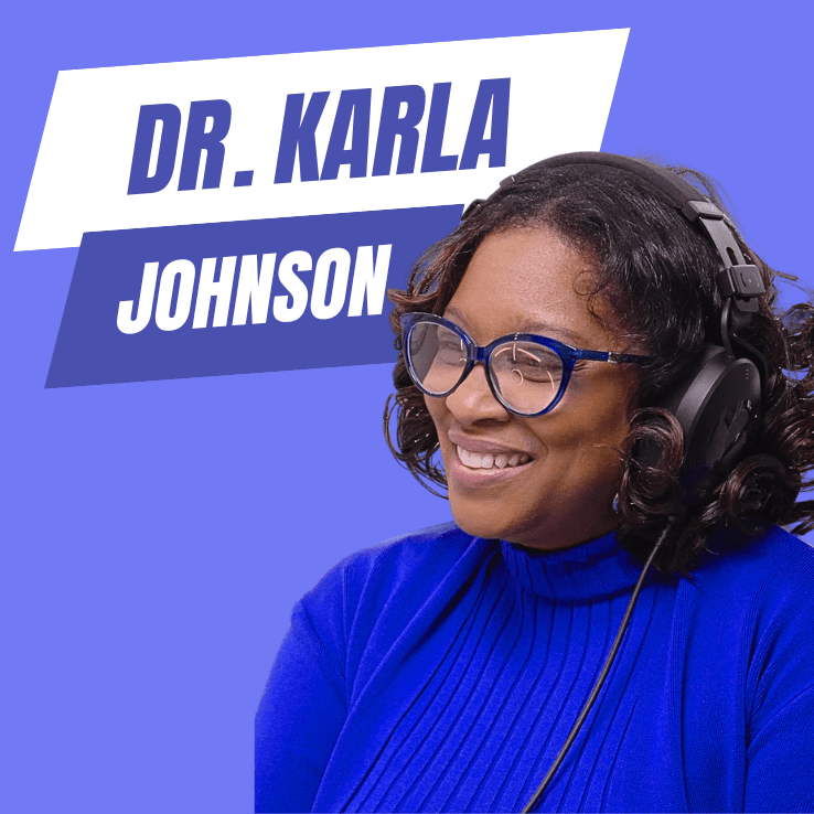 Dr. Karla Johnson, CEO of PALCS, standing in front of a blue background with her name displayed beside her, representing leadership in online learning.