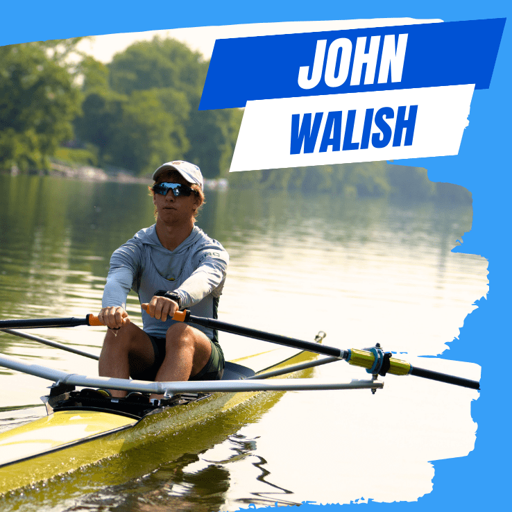 PALCS online school student John Walish rowing in competition with blue swish background, featured in the Winging It podcast about balancing athletics and academics in a cyber school and virtual school setting.