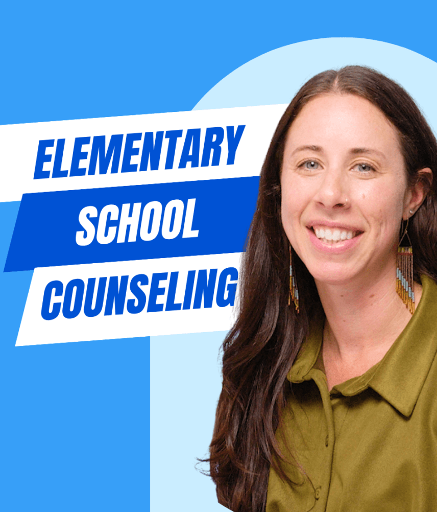 Jessica Kirk, Elementary School Counselor at PALCS, smiling in front of a light blue and dark blue background with the words “Elementary School Counseling” displayed beside her.