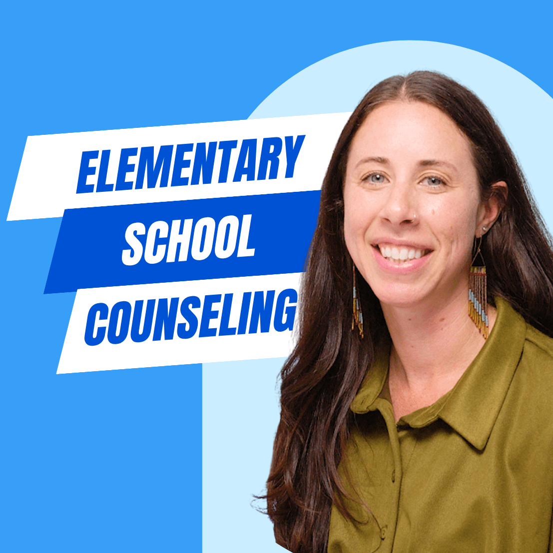 Jessica Kirk, Elementary School Counselor at PALCS, smiling in front of a light blue and dark blue background with the words “Elementary School Counseling” displayed beside her.