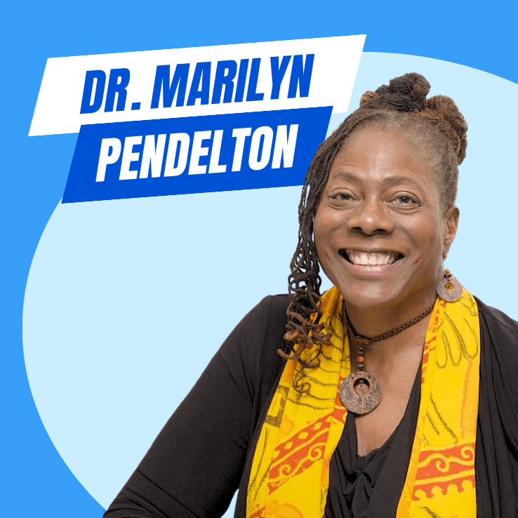 Dr, Marilyn Pendelton is pictured smiling in front of a blue background with her name in large text beside her.