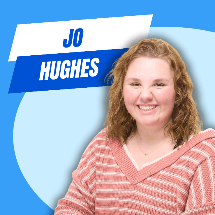 PALCS CPFA student Jo Hughes poses smiling in front of a blue background with her name in large text beside her to promote her episode of the PALCS official podcast Winging It.
