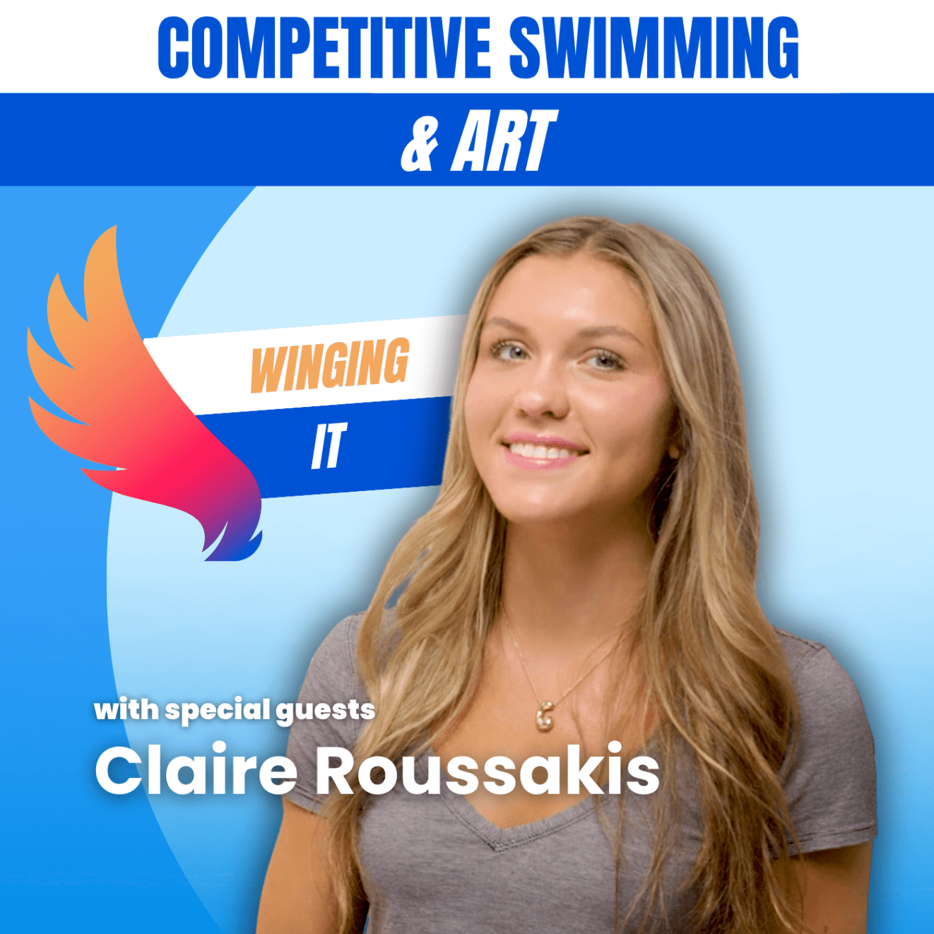 A picture of Claire Roussakis underneath a banner that says "Competitive Swimming And Art"