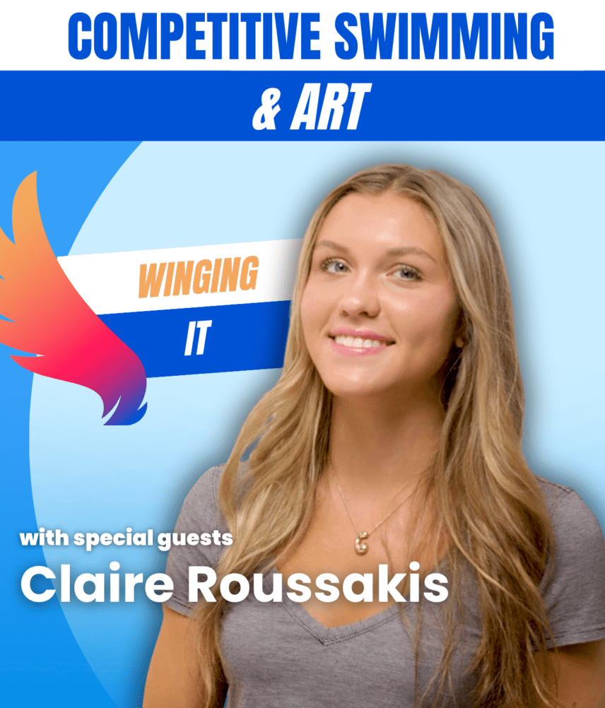 A picture of Claire Roussakis underneath a banner that says "Competitive Swimming And Art"