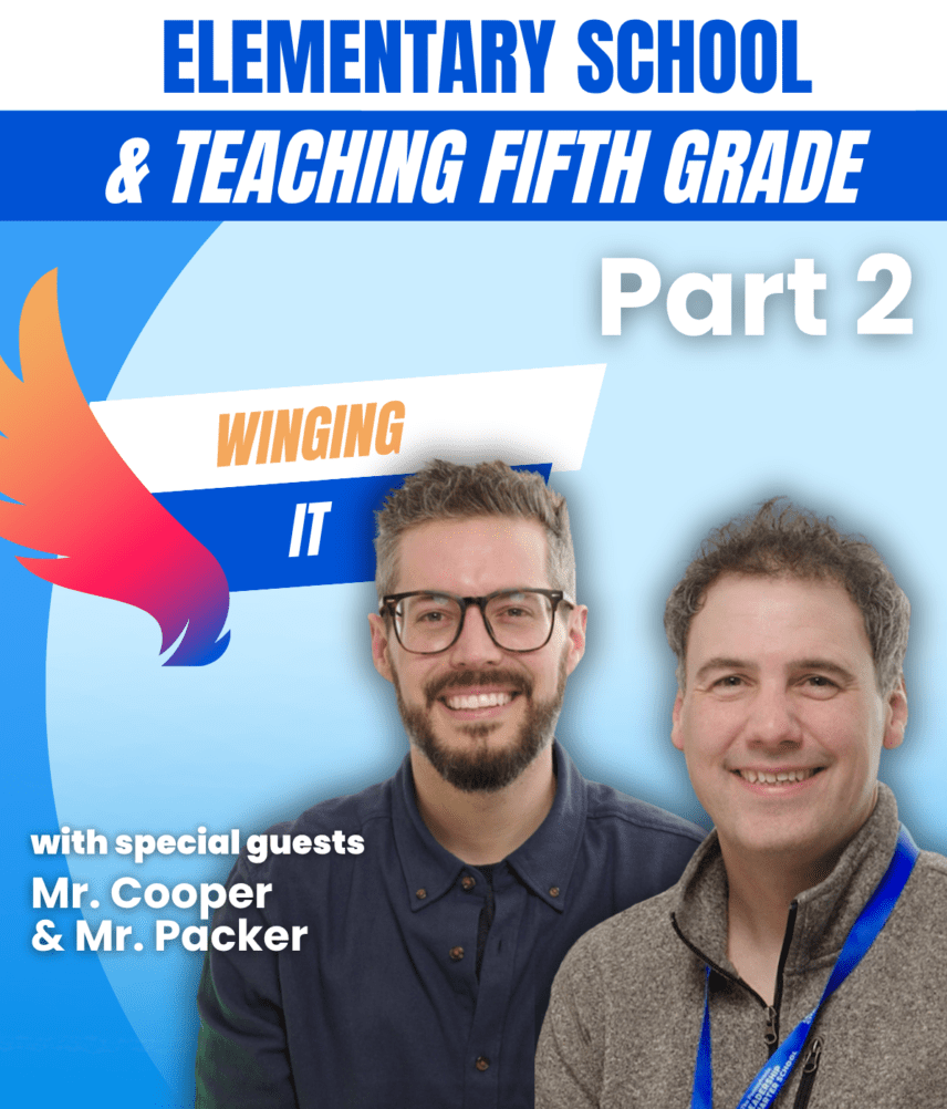 A graphic showing PALCS fifth grade teachers Mr. Steven Cooper and Mr. Cory Packer. Their images are set against a blue backdrop with the PALCS Winging It logo.