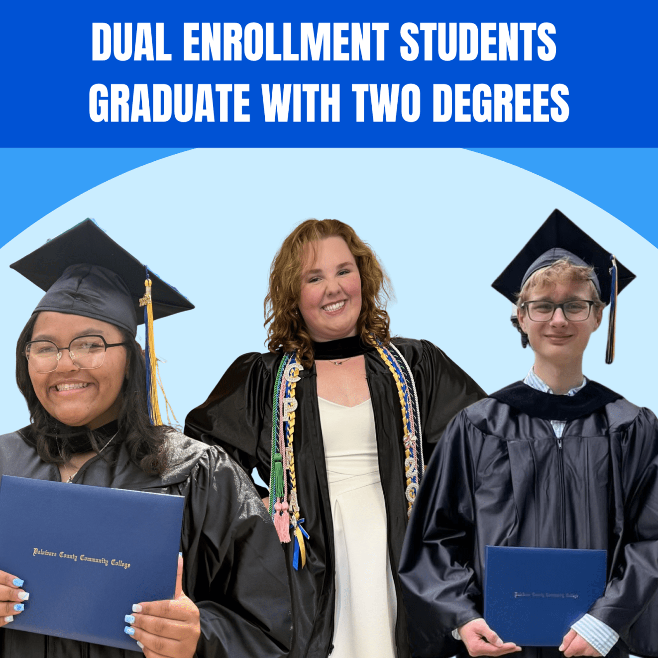 Image of three PALCS student on top of a blue background underneath the words "Dual enrollment students graduate with two degrees"