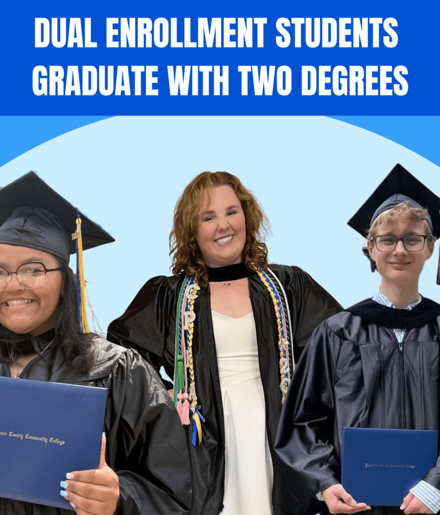 Image of three PALCS student on top of a blue background underneath the words "Dual enrollment students graduate with two degrees"
