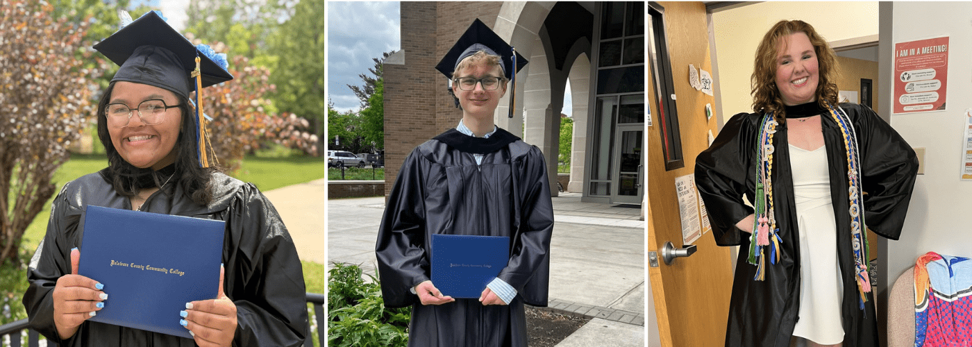 Pictures of Analilia Cabrera, Jude Smith, and Jo Hughes in their college graduation gear.