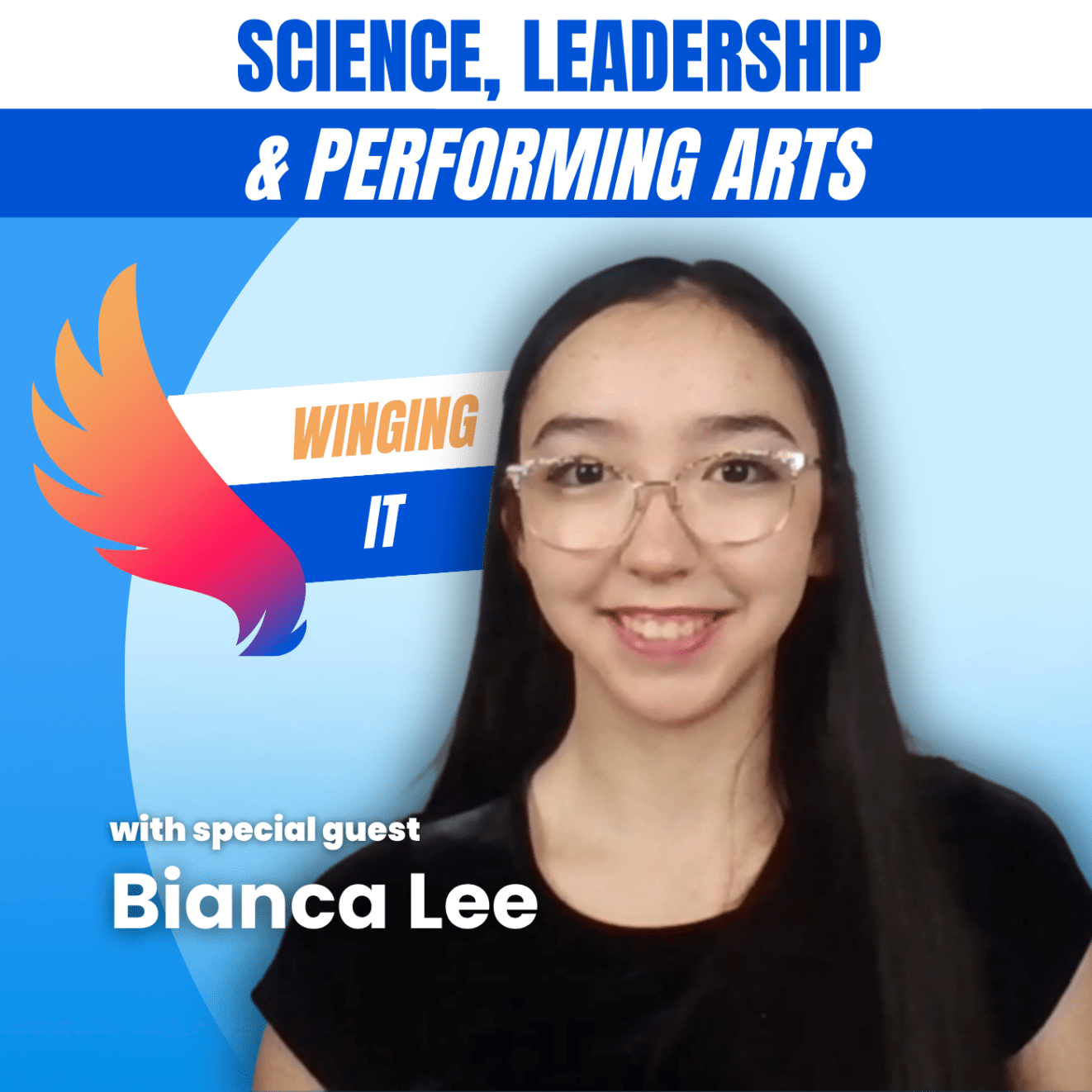 A picture of Bianca Lee in front of a backdrop that reads "Science, Leadership and Performing Arts"