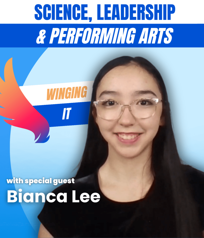 A picture of Bianca Lee in front of a backdrop that reads "Science, Leadership and Performing Arts"