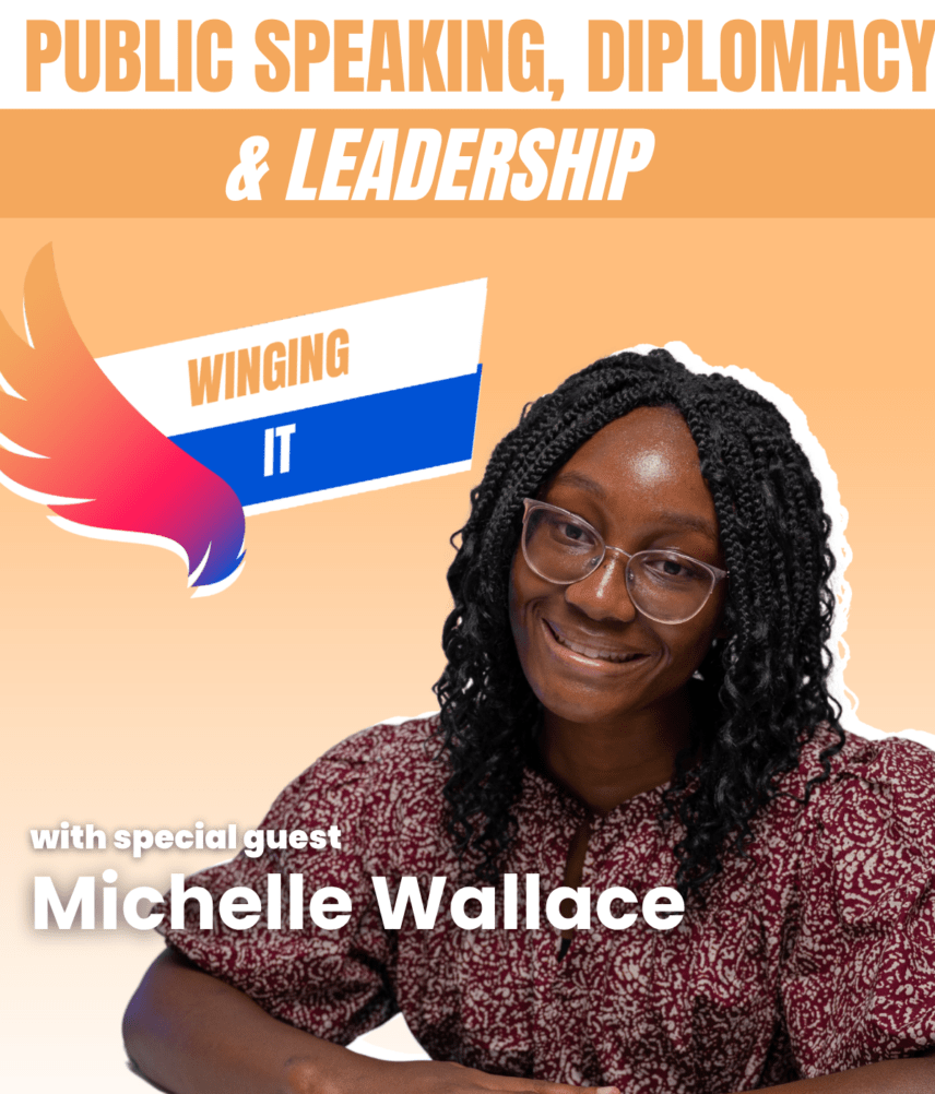 A picture of PALCS junior Michelle Wallace with the words "Public speaking, diplomacy, and leadership"