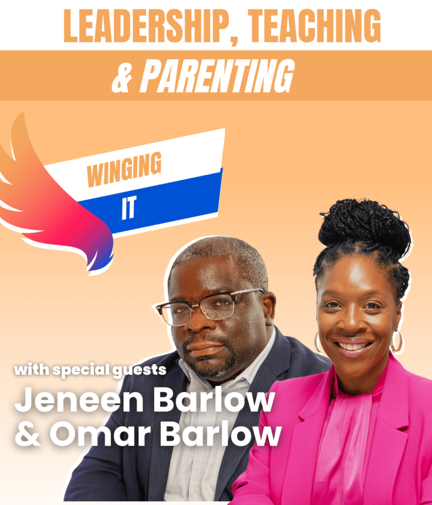 Portraits of Jeneen and Omar Barlow on top of an orange background with the words "leadership, teaching and parenting"