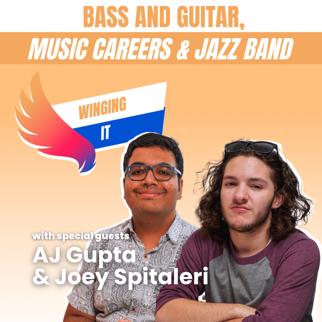 A picture of AJ and Joey on an orange background underneath the words "Bass and guitar, music careers and jazz band"