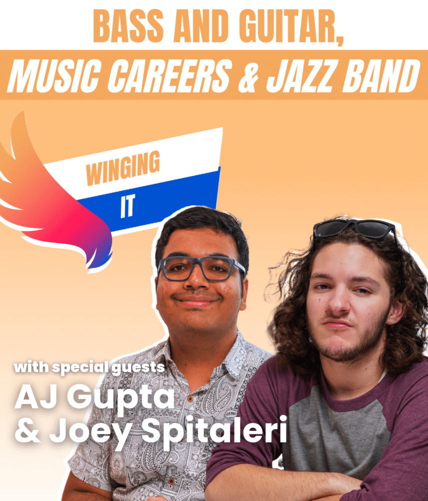 A picture of AJ and Joey on an orange background underneath the words "Bass and guitar, music careers and jazz band"