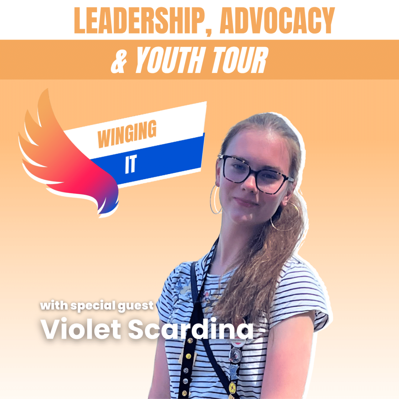 A picture of PALCS 12th grade student Violet Scardina in front of an orange background. The text reads "Leadership, advocacy, and youth tour"