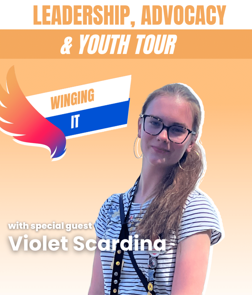 A picture of PALCS 12th grade student Violet Scardina in front of an orange background. The text reads "Leadership, advocacy, and youth tour"